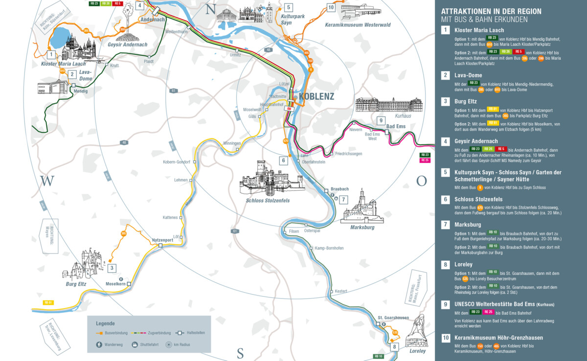 Karte der Region mit ÖPNV-Verbindungen zu wichtigen Sehenswürdigkeiten © Koblenz-Touristik GmbH Karte der Region mit ÖPNV-Verbindungen zu wichtigen Sehenswürdigkeiten © Koblenz-Touristik GmbH