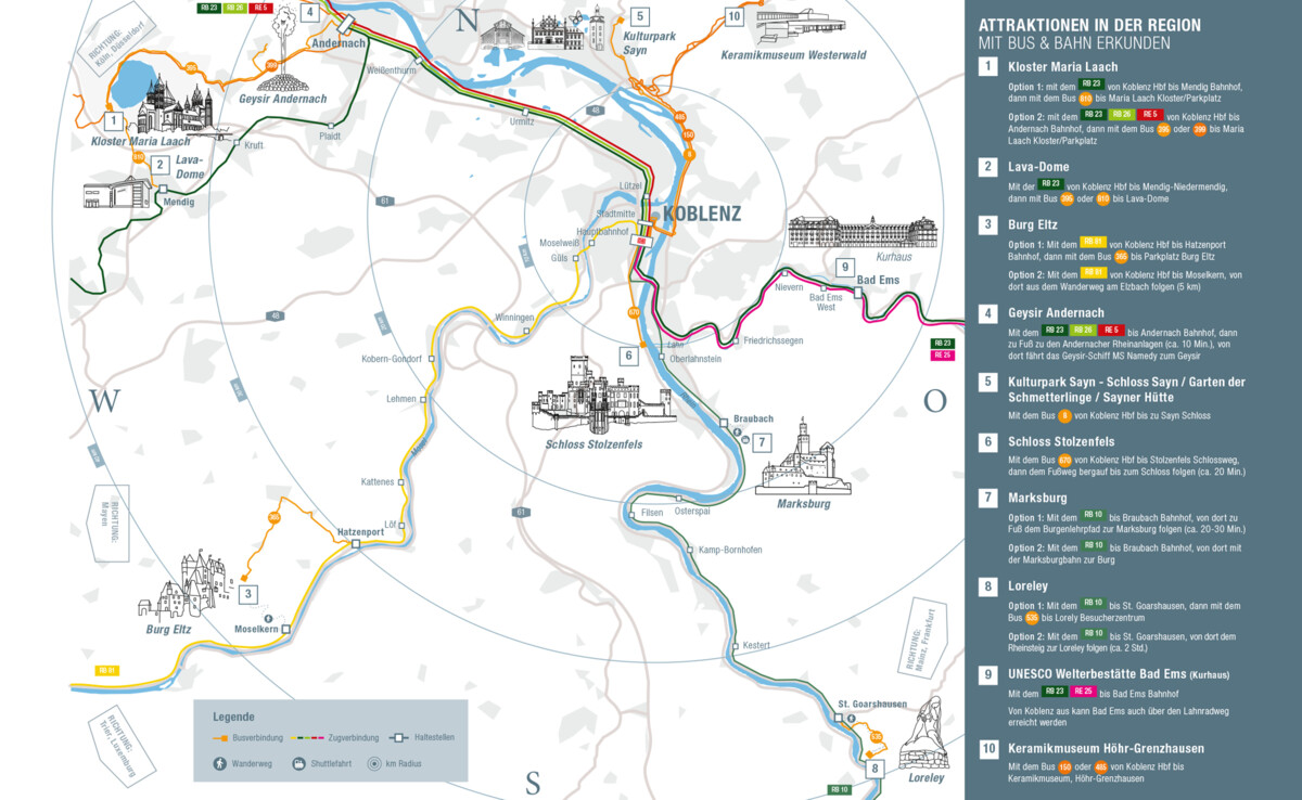 Karte der Region mit ÖPNV-Verbindungen zu wichtigen Sehenswürdigkeiten ©Koblenz-Touristik GmbH