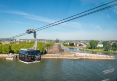 Panoramakabine der Seilbahn Koblenz mit dem Rhein, der Mosel und dem Deutschen Eck im Hintergrund