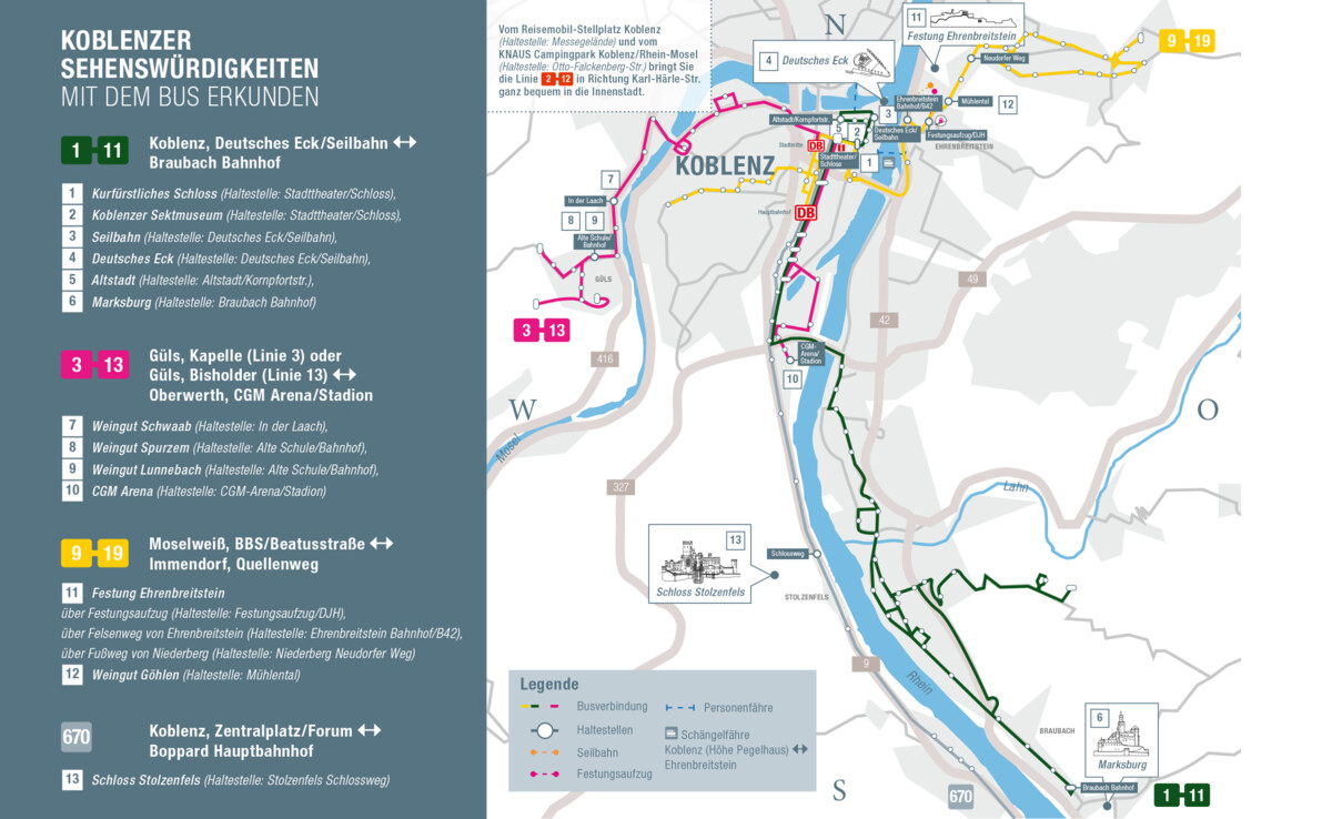 Karte des Koblenzer Stadtgebietes mit ÖPNV-Verbindungen zu den Sehenswürdigkeiten ©Koblenz-Touristik GmbH