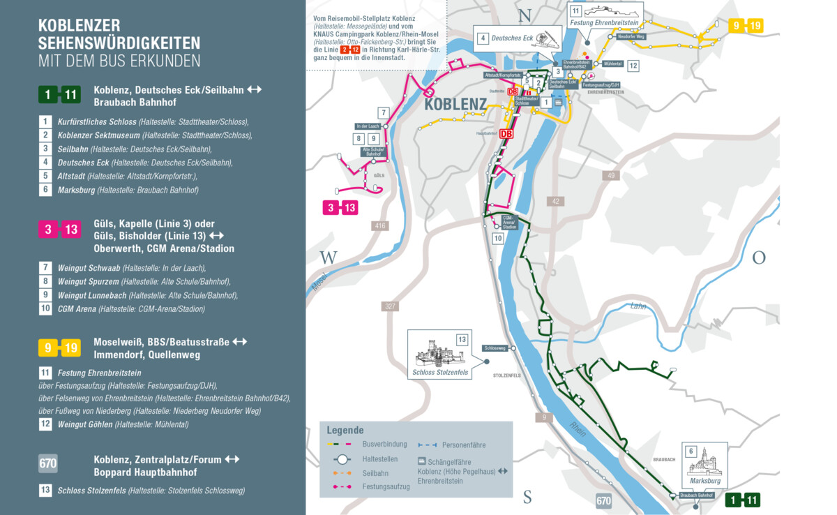 Karte des Koblenzer Stadtgebietes mit ÖPNV-Verbindungen zu den Sehenswürdigkeiten © Koblenz-Touristik GmbH Karte des Koblenzer Stadtgebietes mit ÖPNV-Verbindungen zu den Sehenswürdigkeiten © Koblenz-Touristik GmbH
