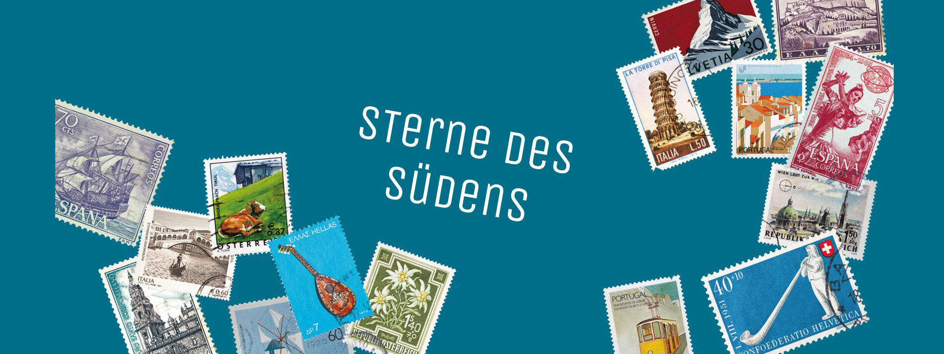 Diverse Briefmarken von südeuropäischen Ländern auf einem blauen Hintergrund mit Beschriftung "Sterne des Südens" ©Design: www.poetter.com, Fotos: AdobeStock©Silvio/zatletic/laufer/rnl/KorSol/zabanski/Lefteris Papaulakis