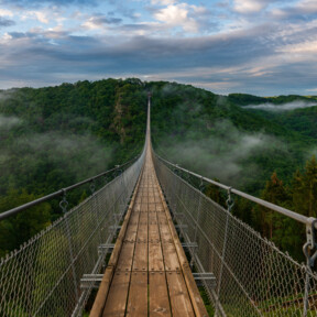 Blick auf eine lange Hängeseilbrücke, die sich über ein tiefes bewaldetes Tal erhebt, im Hintergrund bewölkter Himmel und Nebelschwaden im Tal  © Bernhard - stock.adobe.com