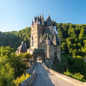Die Burg Eltz von vorne umgeben vom gr&uuml;nen Wald &copy; Rheinland-Pfaltz Tourismus GmbH, Dominik Ketz
