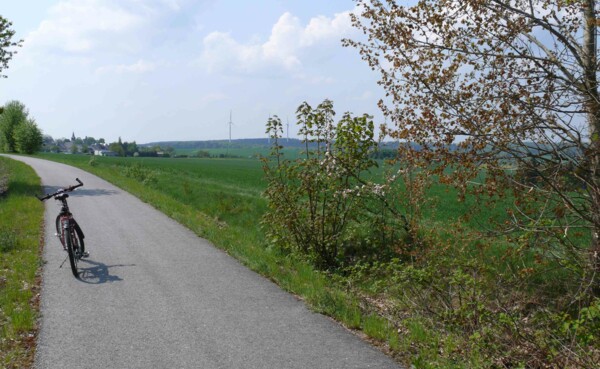 Fahrrad steht auf einem Fahrradweg neben einem grünen Weld mit Weitblick ©TI Hunsrück-Mittelrhein