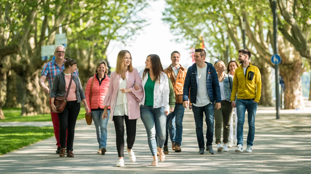 Gruppe geht durch die Rheinanlagen in Koblenz, rechts und links hohe Bäume