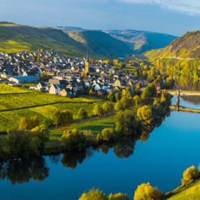 Goldenes Licht fällt auf das Moseltal und mit seinen Weinbergen und Dörfer ©AdobeStock