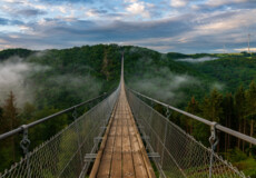 Blick auf eine lange Hängeseilbrücke, die sich über ein tiefes bewaldetes Tal erhebt, im Hintergrund bewölkter Himmel und Nebelschwaden im Tal  ©Bernhard - stock.adobe.com