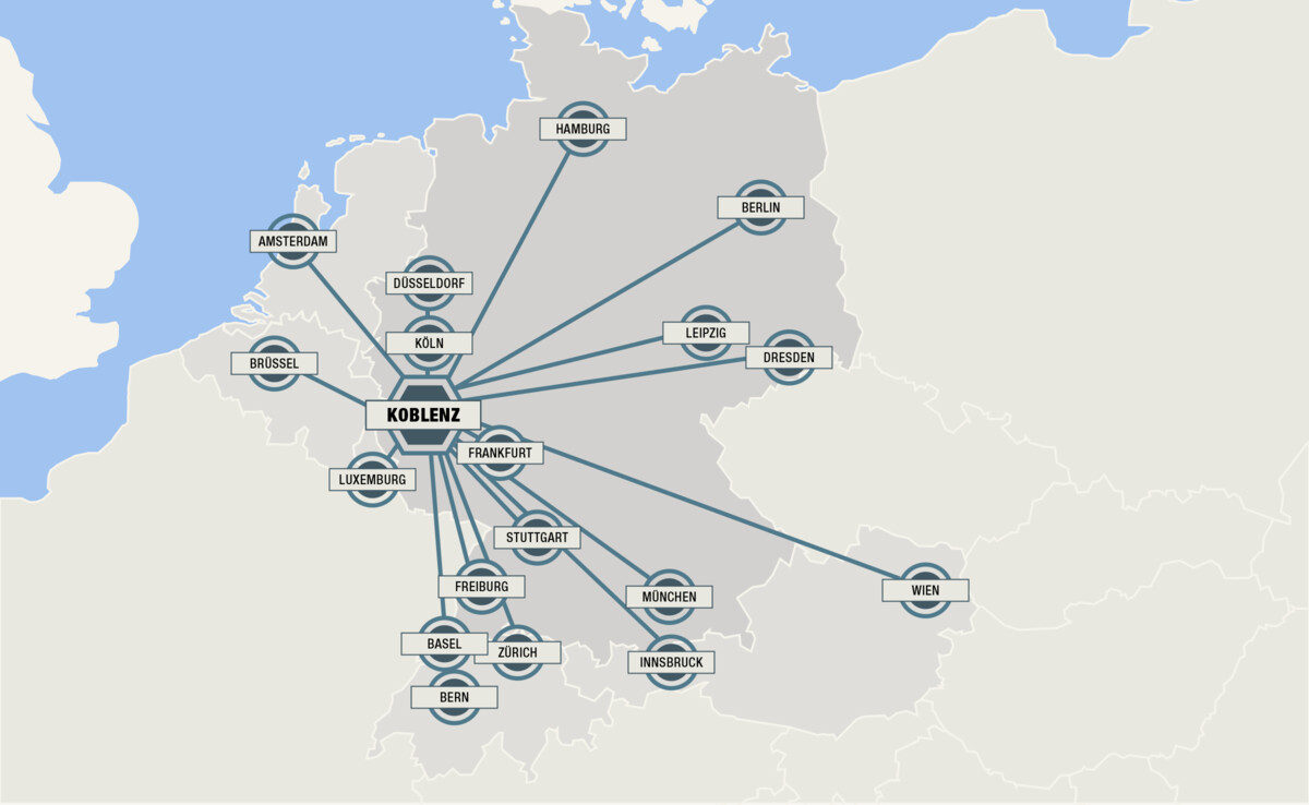 Grafische Übersicht über alle umsteigefreien Zugverbindungen aus dem In- und Ausland nach Koblenz © Koblenz-Touristik Grafische Übersicht über alle umsteigefreien Zugverbindungen aus dem In- und Ausland nach Koblenz © Koblenz-Touristik