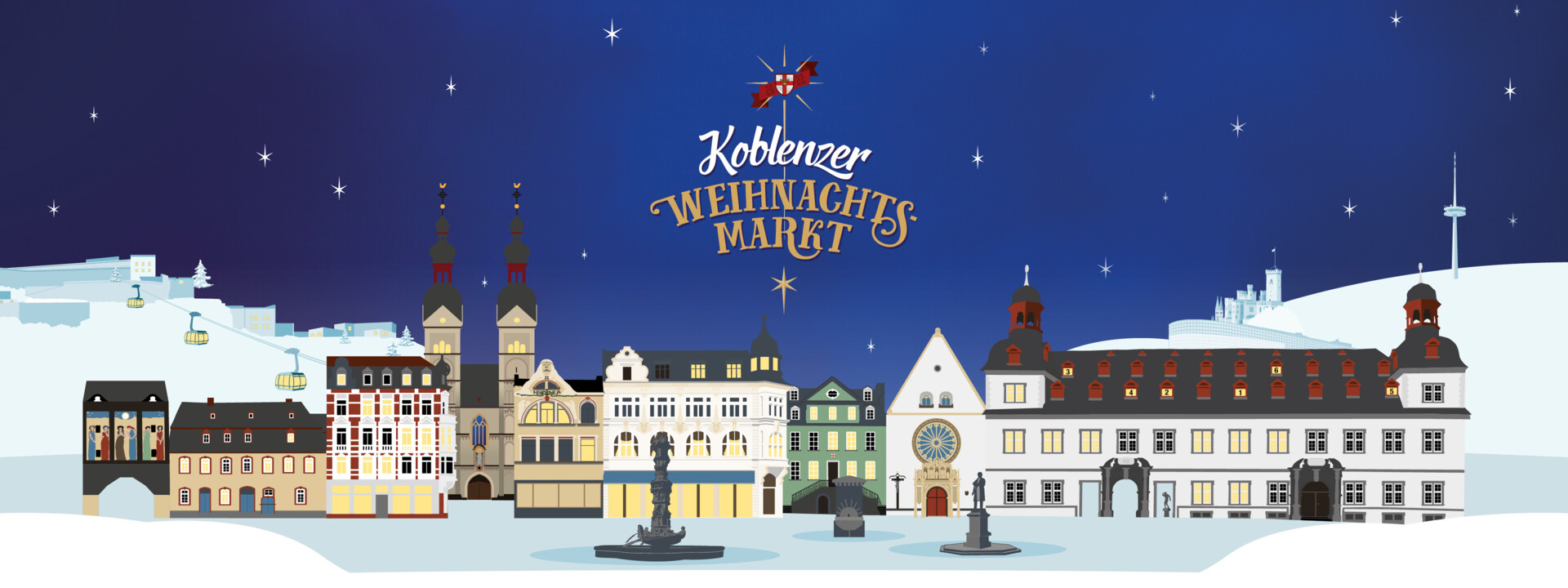 Grafik zum Koblenzer Weihnachtsmarkt mit Darstellung der Altstadt und diversen Sehenswürdigkeiten in Koblenz ©Koblenz-Touristik GmbH Grafik zum Koblenzer Weihnachtsmarkt mit Darstellung der Altstadt und diversen Sehenswürdigkeiten in Koblenz ©Koblenz-Touristik GmbH