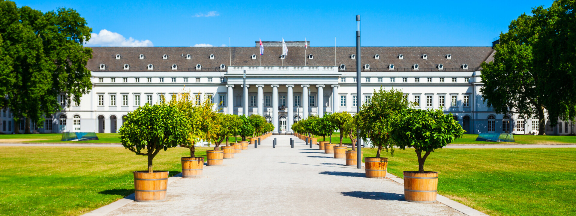 Vorderseite des Kurfürstlichen Schlosses mit Hauptweg umgeben von getopften Bäumen ©Adobe Stock, Saiko