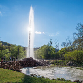 Geysir Andernach hinterbeleuchtet von der Sonne mit beobachtenden Menschen im Vordergrund © Geysir.info GmbH, Klaus-Peter Kappes