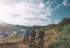 Freundesgruppe auf Mountainbikes auf einem Radweg neben der Mosel mit Burg Thurant im Hintergrund &copy; Philip Bruederle - Koblenz-Touristik GmbH