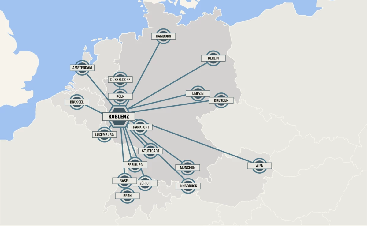Grafische Übersicht über alle umsteigefreien Zugverbindungen aus dem In- und Ausland nach Koblenz Grafische Übersicht über alle umsteigefreien Zugverbindungen aus dem In- und Ausland nach Koblenz