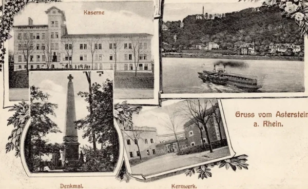 Das Fort Asterstein mit der Fachwerkkaserne und dem Gefallenendekmal (Ansichtskarte von Victor Ullmann, Koblenz, um 1910; Sammlung Böckling) © Böckling
