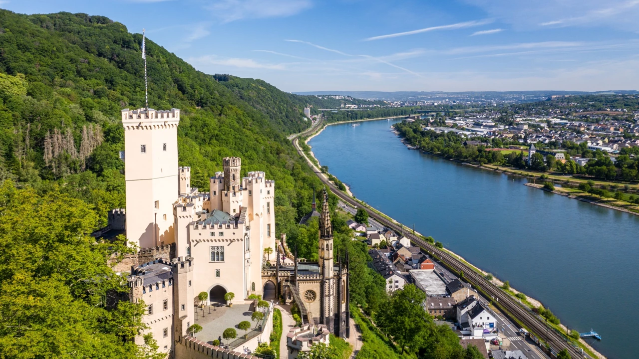 Stolzenfels Castle with the Rhine river in the background